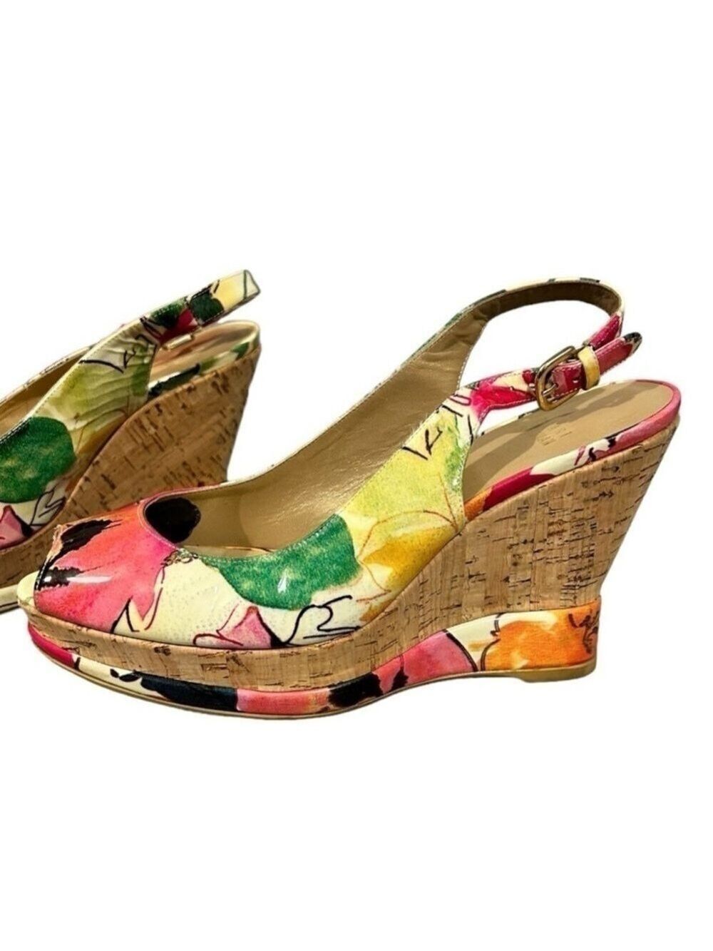 Stuart Weitzman Colorful Floral Peep Toe Wedges Cork Platform Slingback VGC 8.5 - Picture 5 of 12